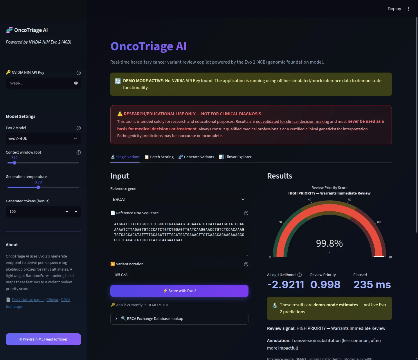 OncoTriage AI demo with BRCA1 variant input, review-priority output, and visible demo-mode warnings